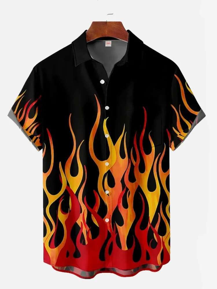 New 3D Flame Printed Hawaiian Casual Original Designer Short Sleeved Shirt For Fashionable Beach Vacation Men's Summer Button Up Shirt Beach Wear