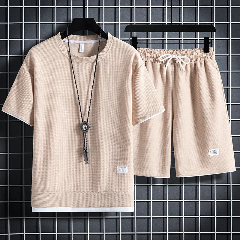 Mens Waffle Summer Suit Casual T-shirt Shorts Suit Mens Tracksuit Solid color tracksuit loose suit 250304