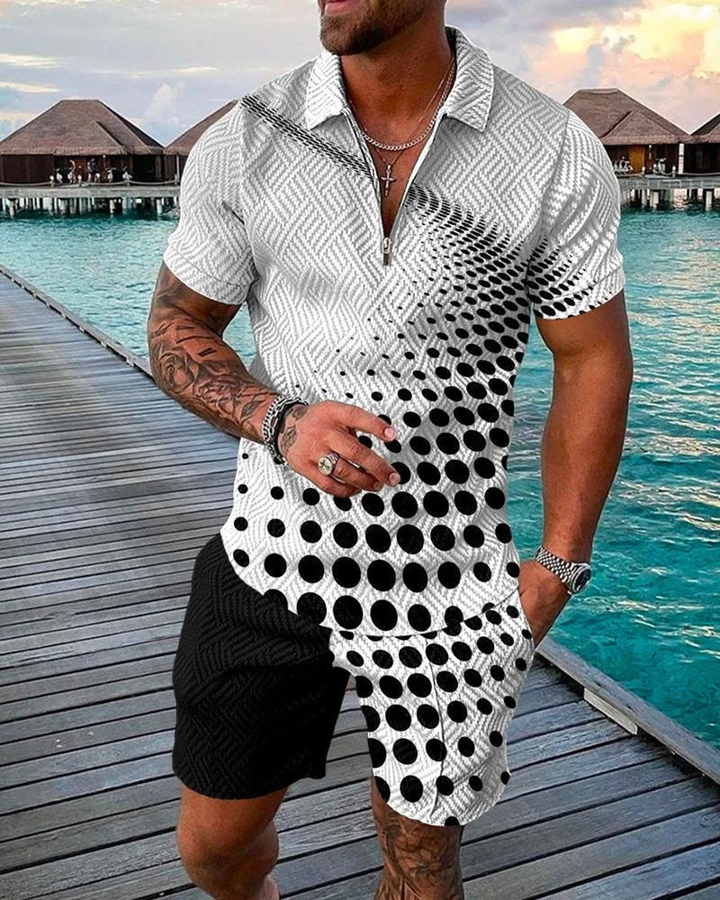 Summer Trend Mens Sweatsuit set Black And White Spot Gradient 3D Print Casual Zipper Polo Shirt Shorts 2pcs Sets Man Clothing 250304
