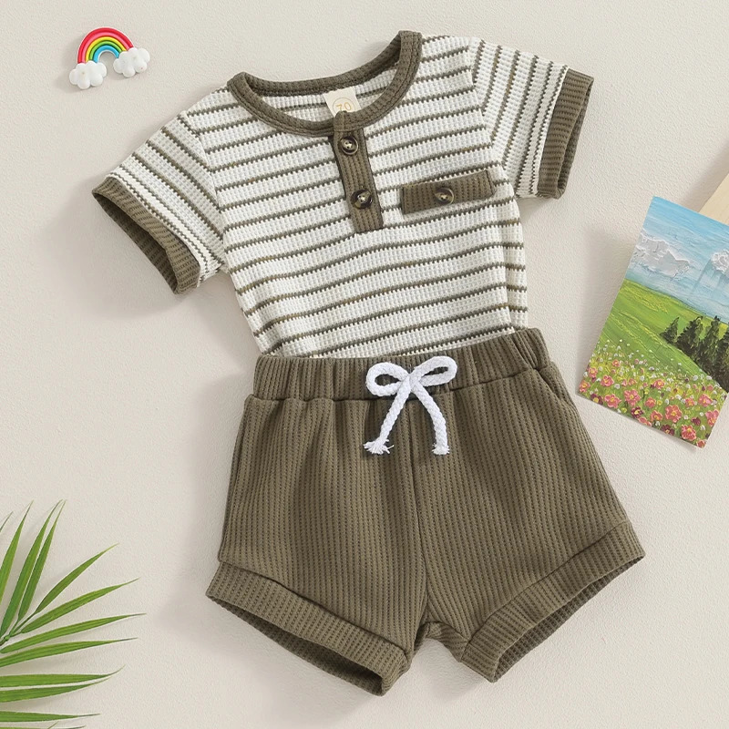 2Pcs born Baby Boy Summer Outfits Round Neck Short Sleeve Striped Button Romper Elastic Waist Shorts Waffle Knit Set 250304