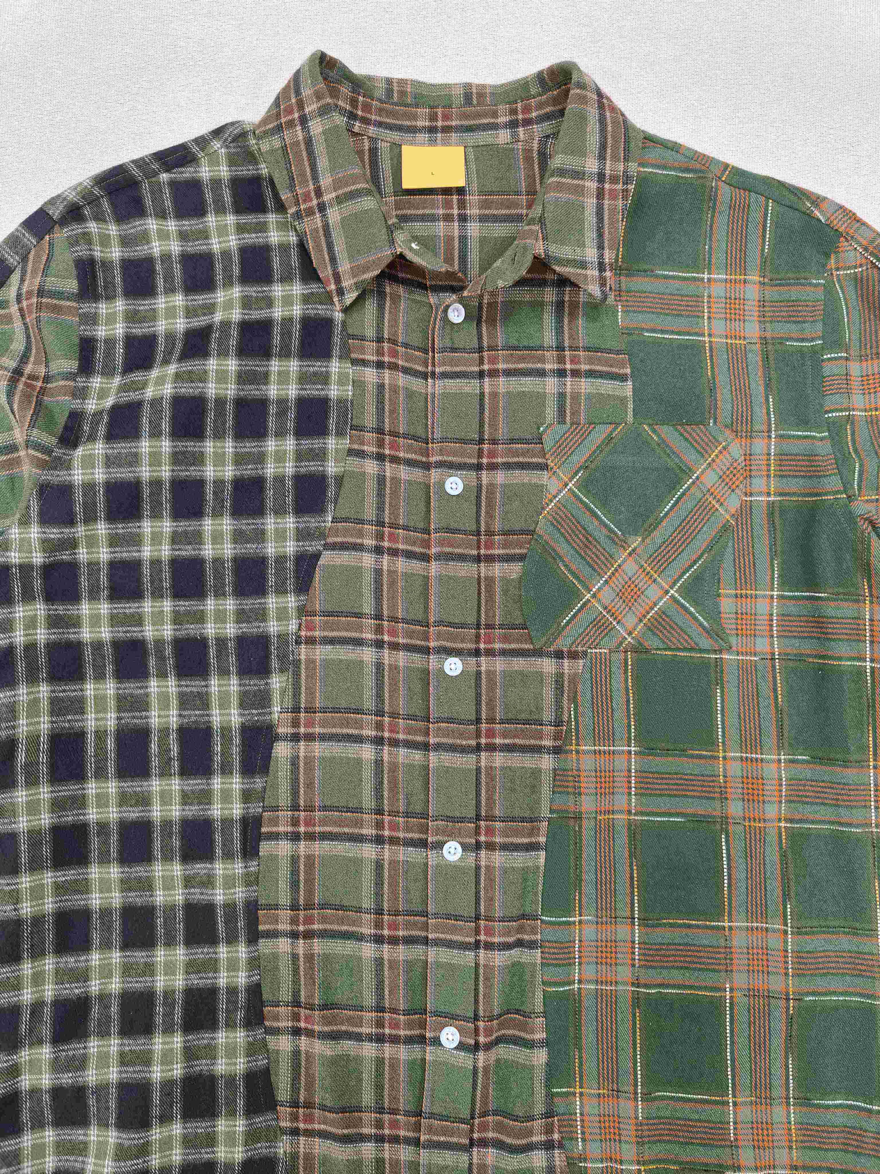 Men's Green Triple Plaid Shirt Cotton flannel shirt Button closure Logo embroidered at patch pocket Unisex Street Wear