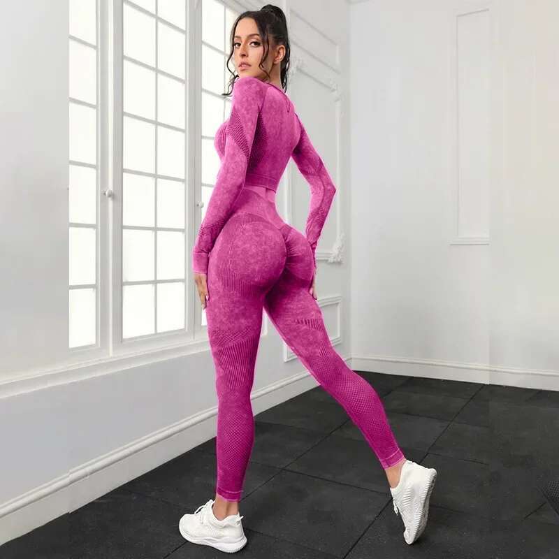 Mileegirl 2Pcs Gym Women, Seamless Sports Pants Hollow Out Tights Long Sleeves Fiess Sets Workout Legging Outifts Suits