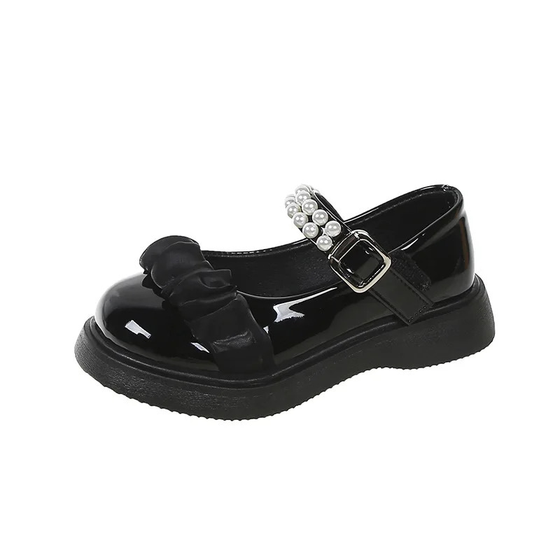 Spring and Summer Girls Leather Shoes Nonslip Glossy Pearls Bow Solid Color Simple Baby Casual Kids Loafers 250303