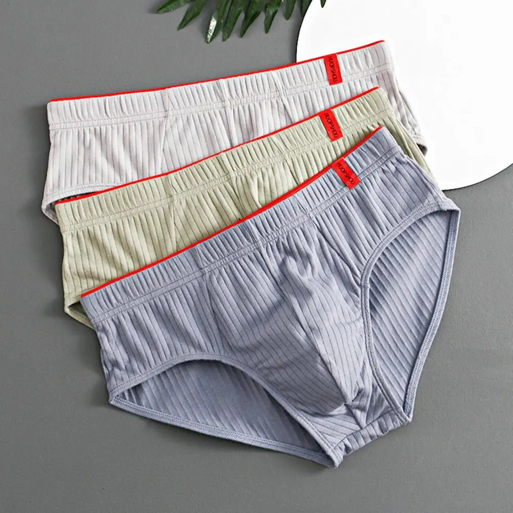 Men Briefs Anti-septic U Convex Mid Waist Elastic Striped Men Underwear Solid Color Casual Not Easily Deformed Male Underpants 250303