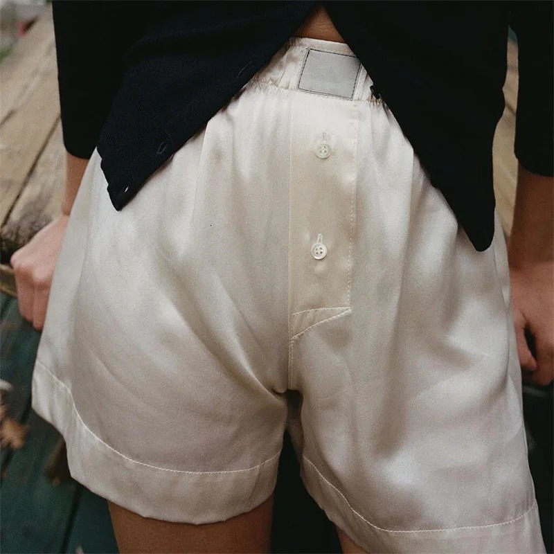 Women Summer Satin Silk Pajama Shorts Y2K Elastic Waist Button Boxer Shorts Loose Soft Solid Lounge Shorts 250303