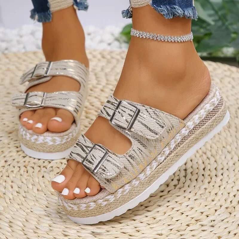 Women's Slippers Sandals Summer Thick Soled Large Size Women Belt Buckle Open Toe Twine Braided Bottom Fashion Flip-ps Shoes