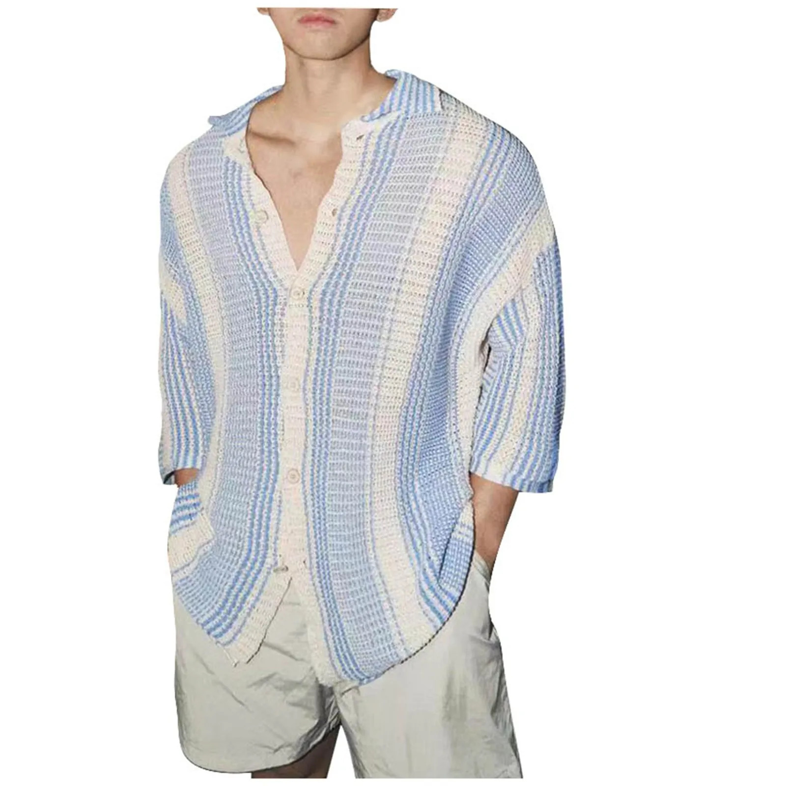 Summer Clothing MenS Hollow Out Knitted Short Sleeve Polo Shirt Leisure Striped Button-Down Shirts Breathable Knitwear 250304