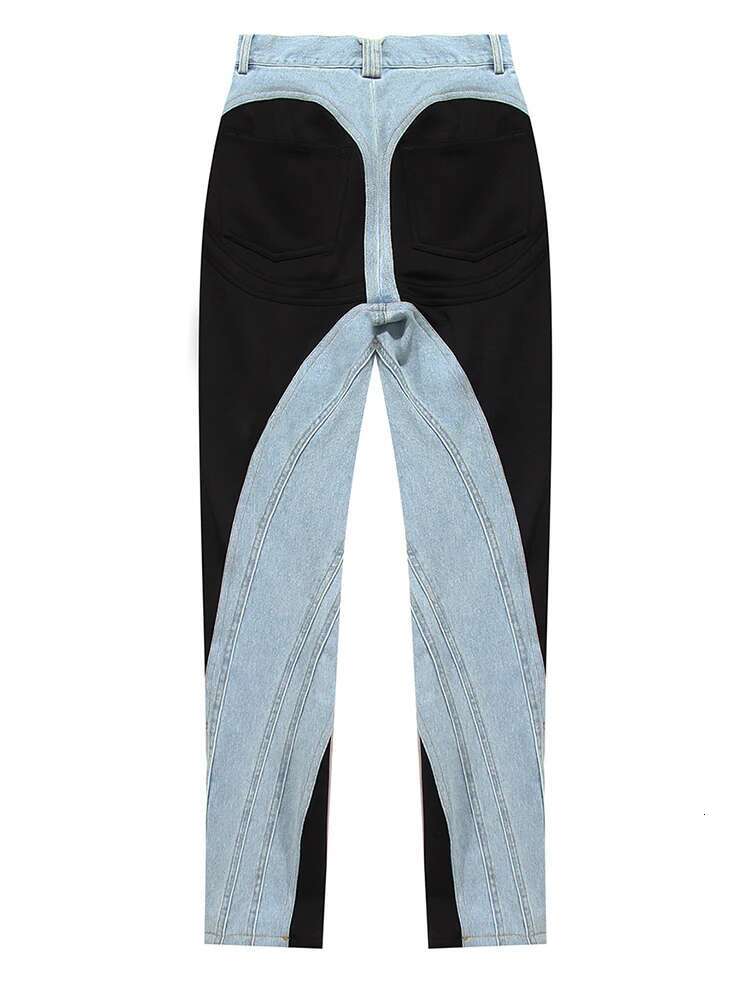 EAM High Waist Blue Color-Block Pockets Long Pencil Jeans New Loose Women Trousers Fashion Tide Spring Autumn 2025 Wt05205