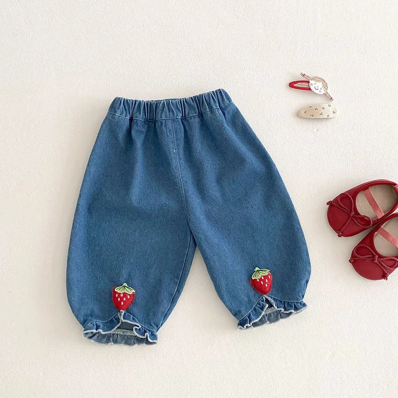 Milancel Spring Girls Clothing Set Childrens 0-5T Embroidered Strawberry Shirt Jeans Childrens Clothing 250304
