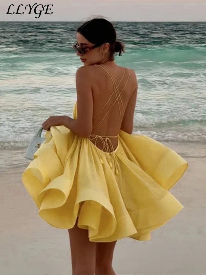 Beach Backless Short Puffy Sling Dress Women Sexy Lace Up Sleeveless A-line Dresses 2025 Summer Lady Vacation Seaside Solid Robe 250303