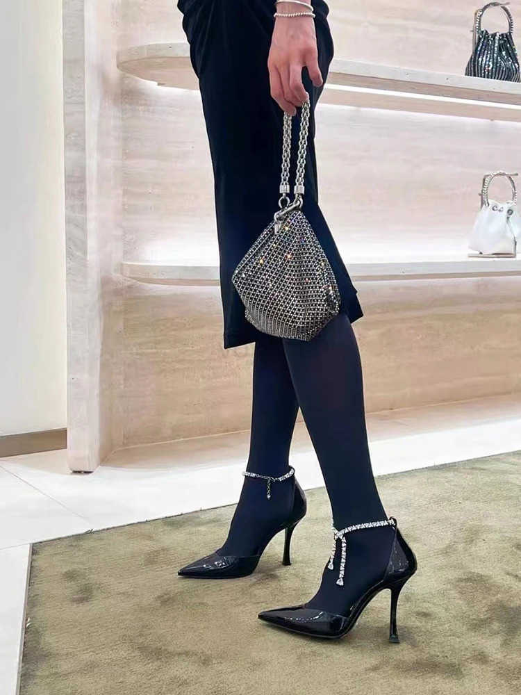 2025 new black patent leather high h for wen slim h pointed toes shallow mouth hollow rhine toe sandals Z250304