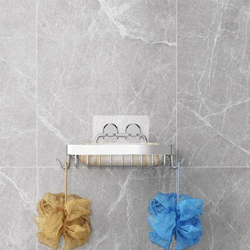 Wall Mounted Soap Rack Soap Shampoo Shower Tool Holder Stainless Steel Sponge Dish With Hooks Bathroom Kitchen With Adhesive