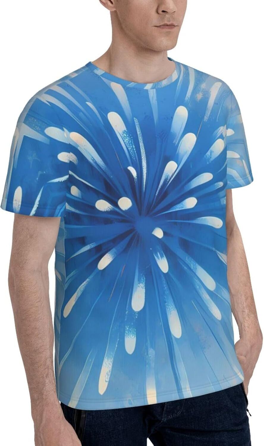 Mens T shirt Blue Fireworks 3D Printed T-Shirt - Painted Fireworks Funny Breathable Crew Neck Tee for Summer & Streetwear tee Casual tops summer cloth