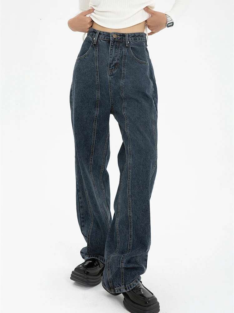 Dark Blue Womens Jeans High Waist Vintage Straight Baggy Pants Streetwear American Style Fashion Wide Leg Denim Trouser