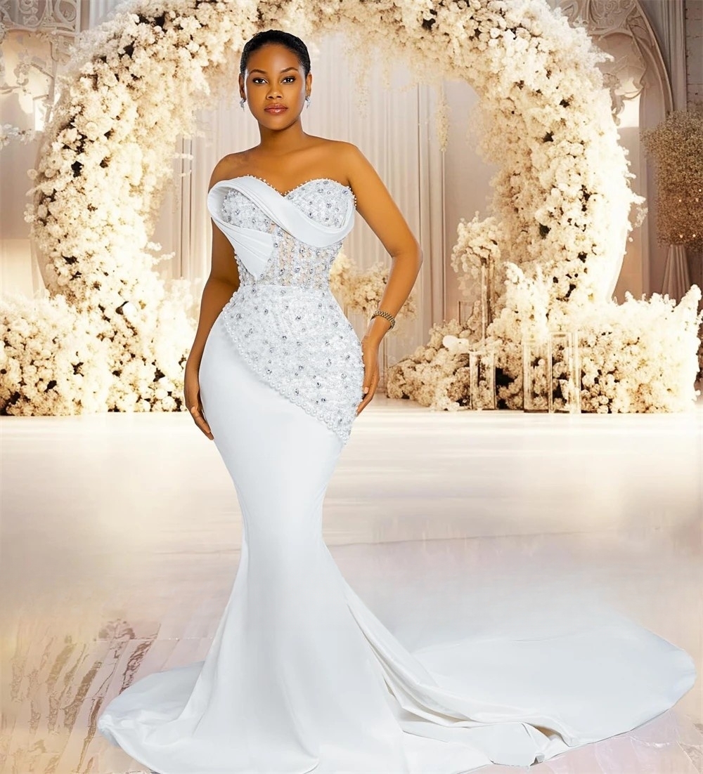 Luxurious Mermaid Wedding Dresses Crystals And Pearls Beaded Sweetheart Neckline Sleeveless Long Satin Bridal Gown Elegant African Reception Dress Ves