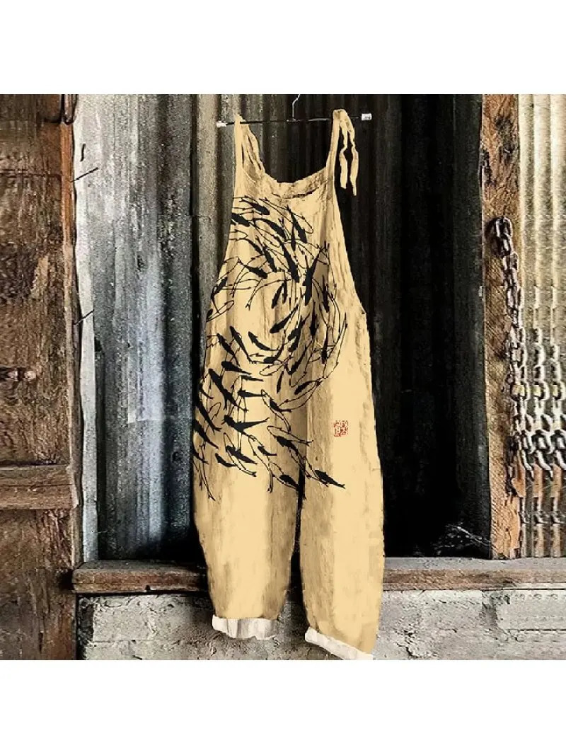 Womens Overalls Retro Japanese Art Octopus 3D Printing Casual Loose jumpsuit Fashion 250303
