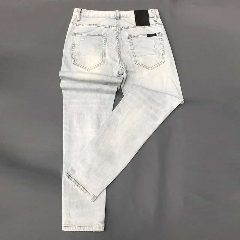 Street Fashion Retro Light Blue Stretch Slim Fit Hip Hop Ripped Jeans Men Patched Designer Vintage Denim Pants Hombre