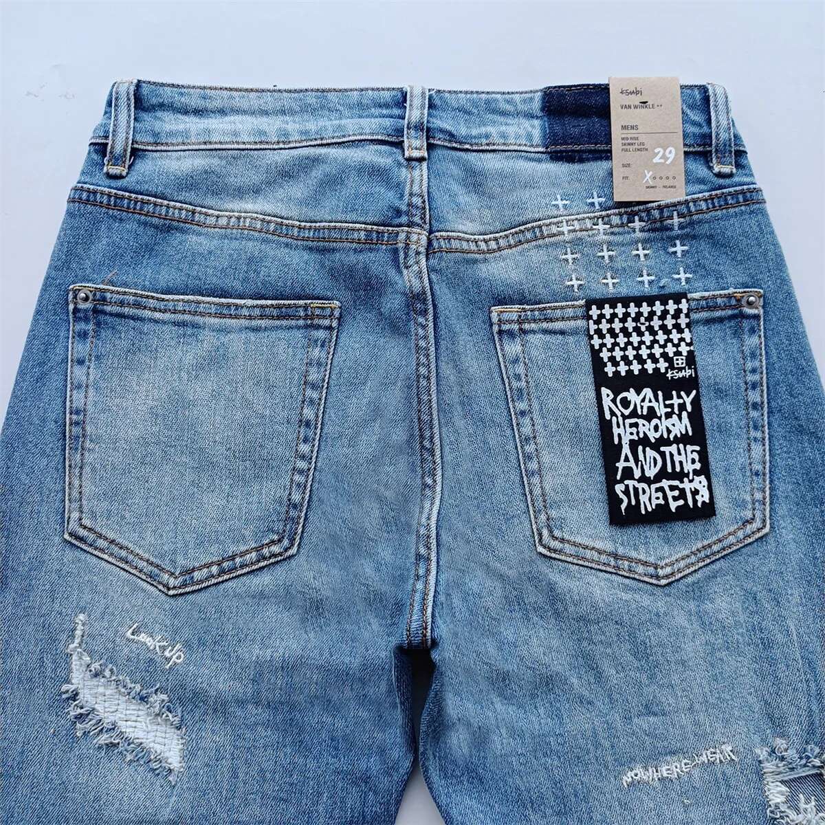 American High Street KSUBI Cross Jeans Men Fashion Brand Retro Wash Blue Hole Patch Daily Casual Low Rise Elastic Straight Pants