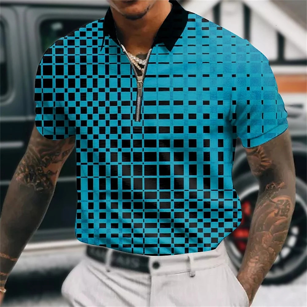 MenS Polo Shirt Plaid Print Zip Polo T-Shirt Summer Short Sleeve Daily Casual Golf Shirt High Quality Tops Fashion Men Clothing 250304