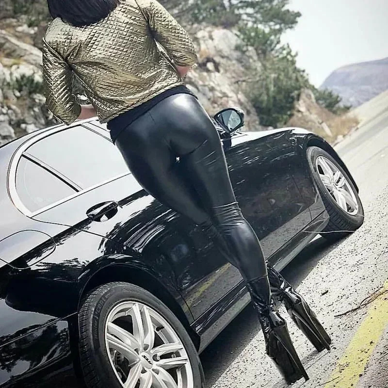 Sexy Black PU Leather Tights Women High Waist Pants High Elastic Slim Fashion Hip Liftting Leggings Skinny Plus Size Tights 250303