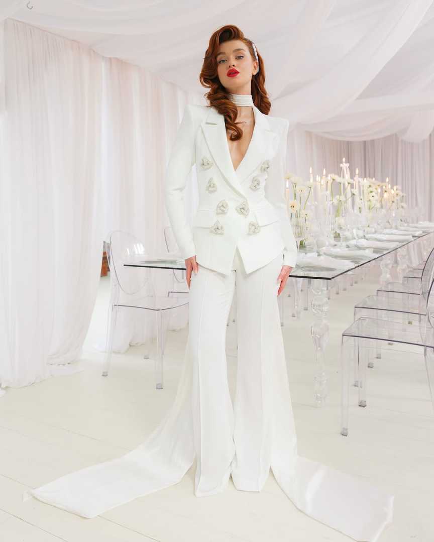 3D Flowers Women Blazer Sets Ladies Double Breasted Formal Birthday Party Wear 2 Pieces Jacket Pants Suits Customized Coat
