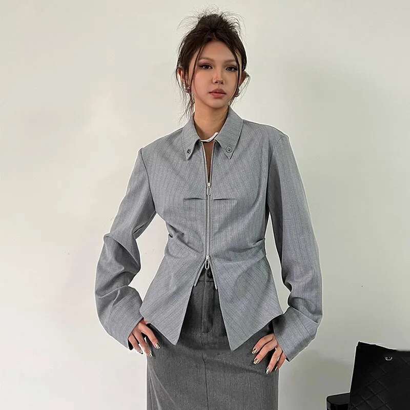 Fashion Black Striped Folds Shirt Women's Lapel Slim Double Zipper Long Sleeve Gray Short Irregular Blouse New Tide