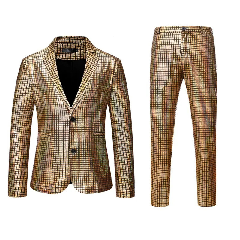 Summer Men Rainbow Plaid Suit 2 Piece Gold Silver Fashion Male Dance Party Performance Blazer Jacket and Pants 250303