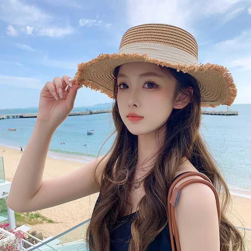 Korean Bow Str Hat for Women Outdoor Beach Wide Brim Sun Visor C Summer Vacation Sunshade Female Panama HatsXJ250304