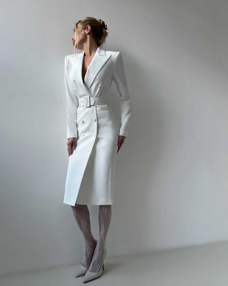 White Slim Women Pants Suits Ladies Long Jacket With Belt Formal Birthday Party Wear 2 Pieces Customized Coat