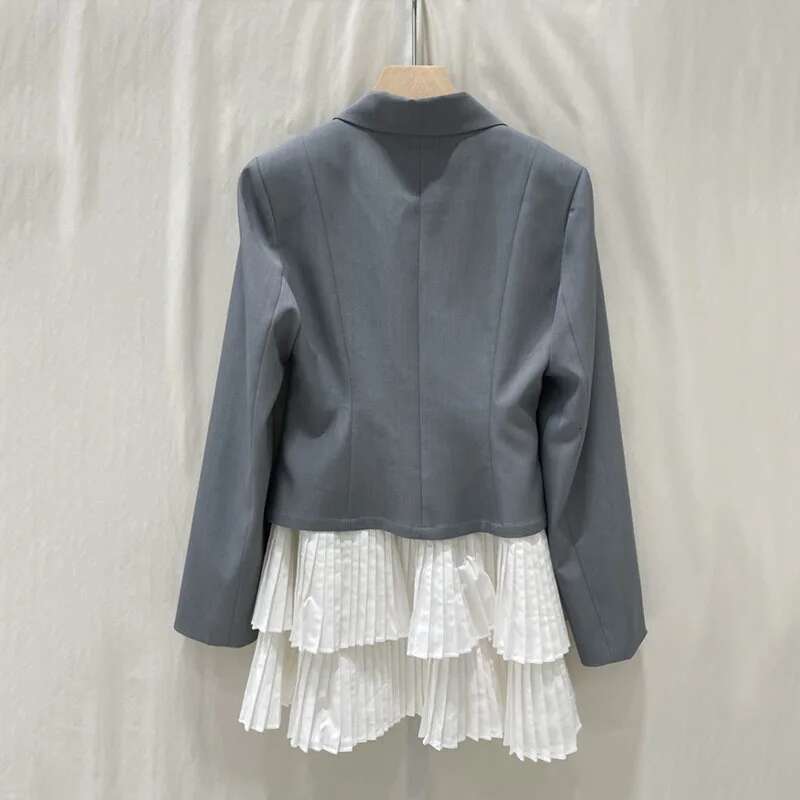 Fashion Fake 2 Piece Blazer Dress Women's Lapel Slim Double Breasted Long Sleeves Pleated Patchwotk Mini Dresses New