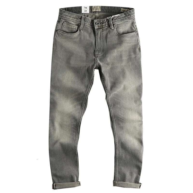 Spring Autumn New American Retro Heavyweight Smoky Grey Denim Jeans Men's Simple 100% Cotton Washed Old Straight Casual Pants