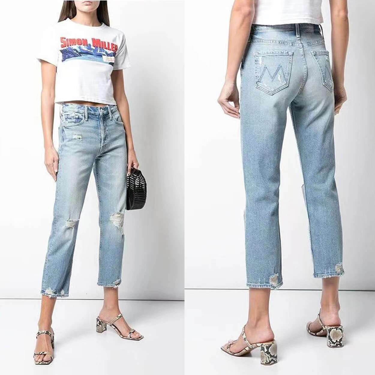 Quality Women's High Waist Distressed Retro Jeans Casual Fashion Ankle-Length Denim Pants 2024 New