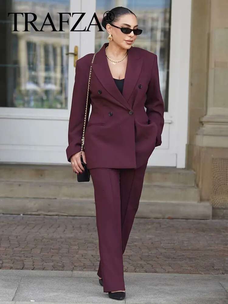 TRAFZA Women Vintage Wine Red Blazer Pant Suits Double Breasted Long Sleeve Coat Zipper Fly Straight Trousers Lady Office Sets