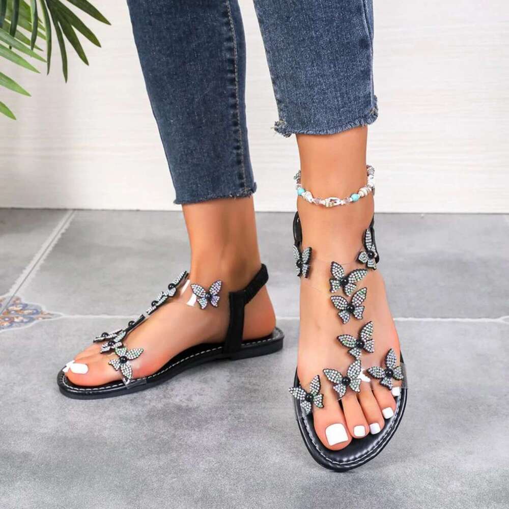 Summer Women's 2025 Sandals with Bow Pearl Flat Heels Elegant Rhie Party Ladies Shoes Plus Size 43 Sandalias Mujer
