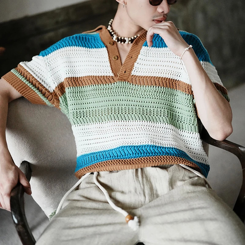 Mens Leisure Striped Hollow Out Polo Shirt Solid Color Texture Breathable Retro Streetwear Light Korean Knitwear 250304