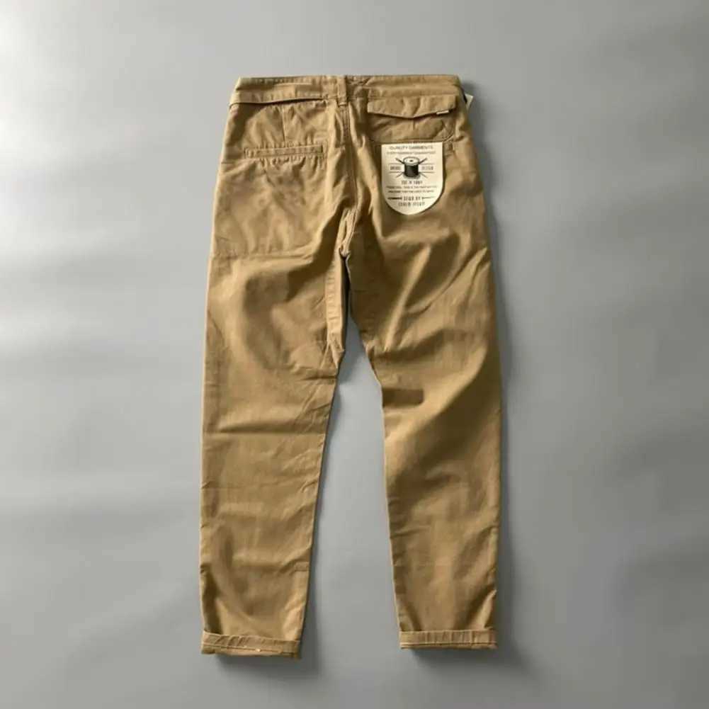 Mens Pants Mid Waist Loose Solid Color Multi Pockets Slim Fit Wear-resistant Button Zipper Closure Retro Breathable Straight SoftXJ250303