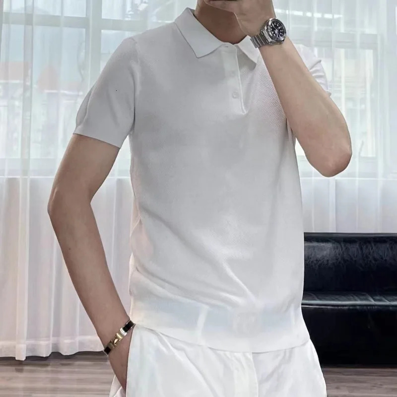 Spring Summer Fashion Elegant Flip Neck Tees Knitted Casual Versatile Western Clothing Loose Solid Mens Polo Shirts 250224