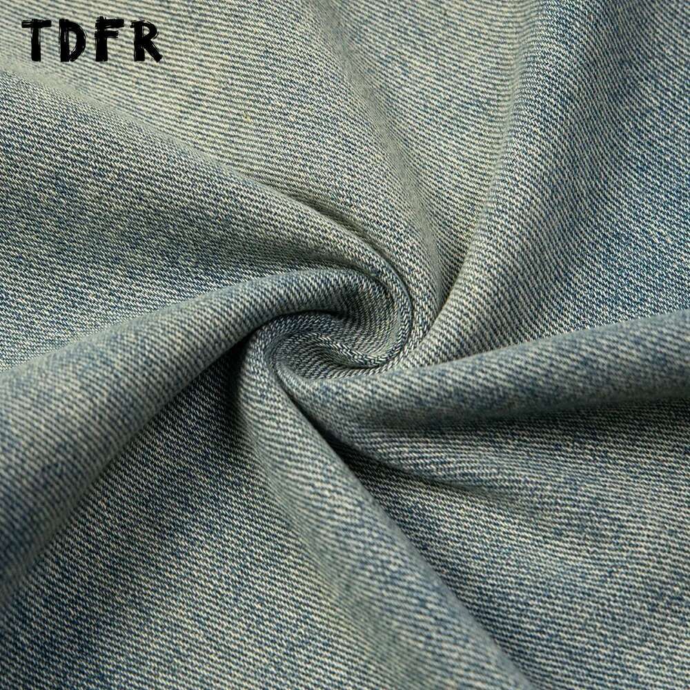 Pocket Washed Distressed Jacket Mens Retro Casual Streetwear Drawstring Elastic Waist Straight Wide Leg Denim Pants Men