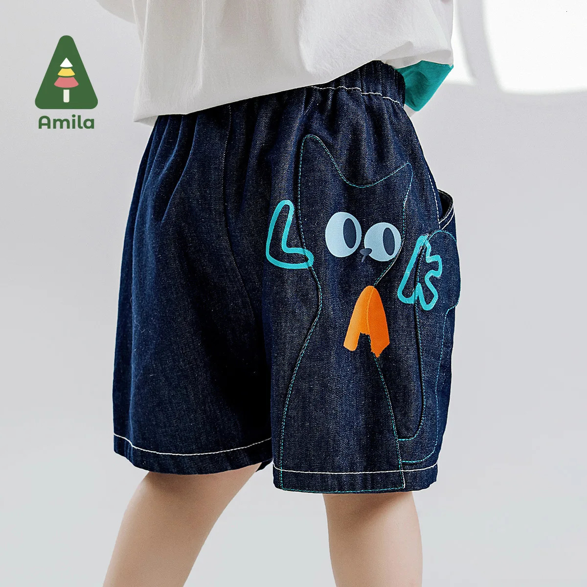 Amila Summer Boys Bottom Soft Denim Patchwork Cartoon Cat Dark Blue Boutique Breathable Quarter Pants 0-6Y 250304