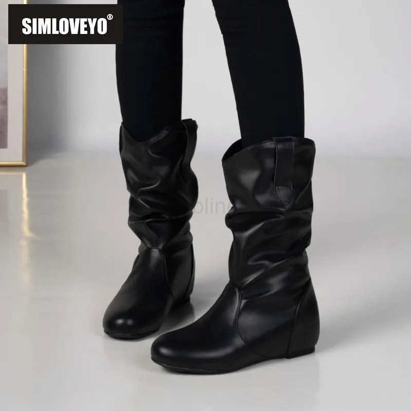 SIMLOVEYO Design Fem Ankle Boots Flock Round Toe Wedges Slip On Pleated Size 45 46 47 48 Leisure Daily Booties Wen Z250304