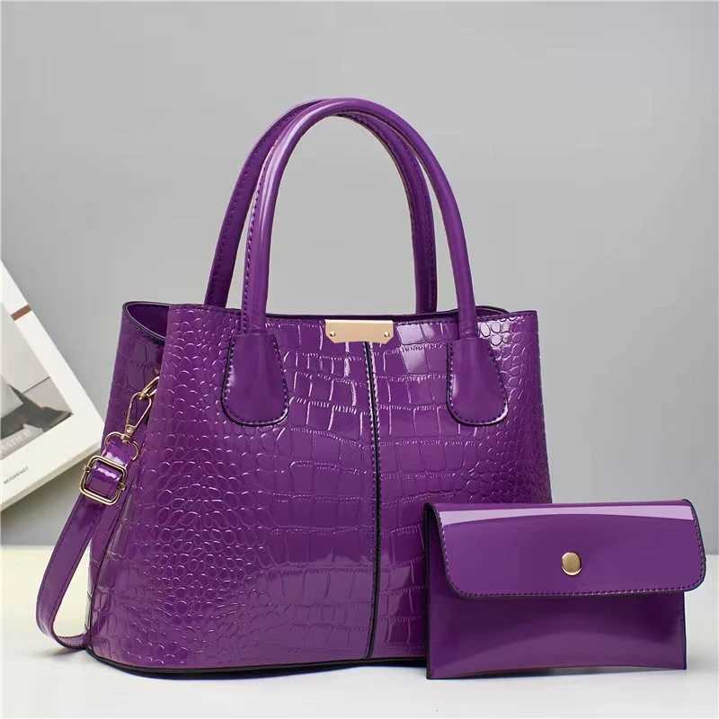 Chic Crocodile-Embossed Tote Bag Set for Women - Faux Leather Includes Clutch Purse Zip Closure Available in Purple/Black Z250303