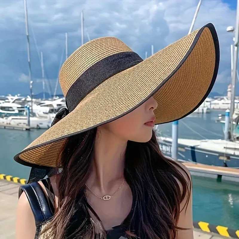1pc outdoor Seaside woman fashion big Bow large brimmed Sun Protection C Foldable Str HatXJ250304