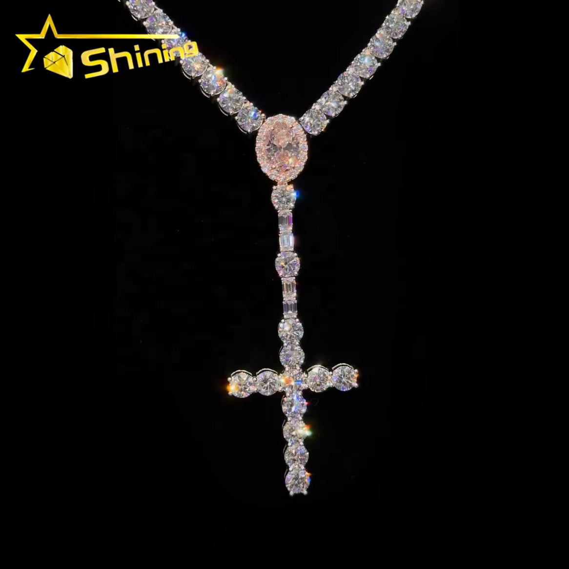 Trendy New Arrivals Iced Out Tennis Chain Set Custom Made Manufacturer VVS Moissanite Dia Cross Pendant Necklace