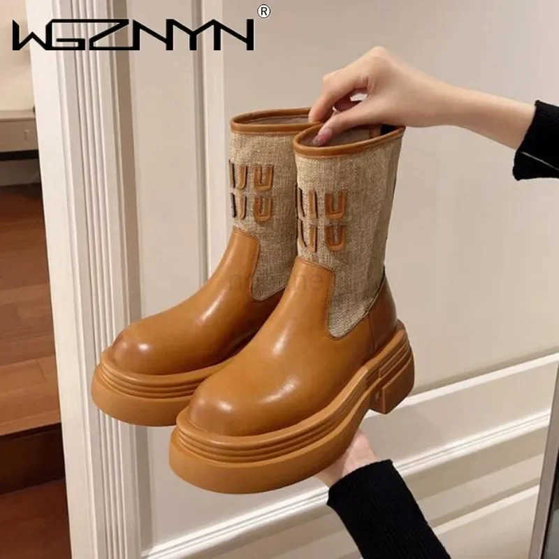 High-quality Brand Punk Autumn Ankle Boots Wens Winter Knitted Mid-tube Boot Platform Heeled Round-toe Shoes Botas De Mujer Z250304