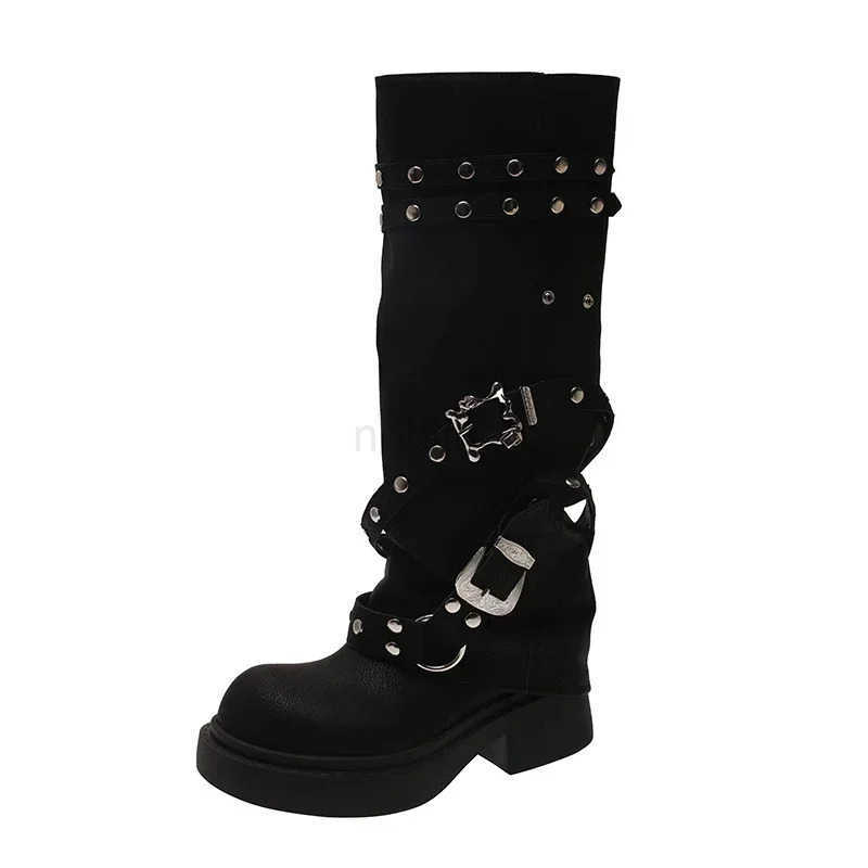 Designer Wen Trouser Legs High Boots Fion Punk Style Shoes Autumn Winter Thick Heel Ladies Knight Long Booties Z250304