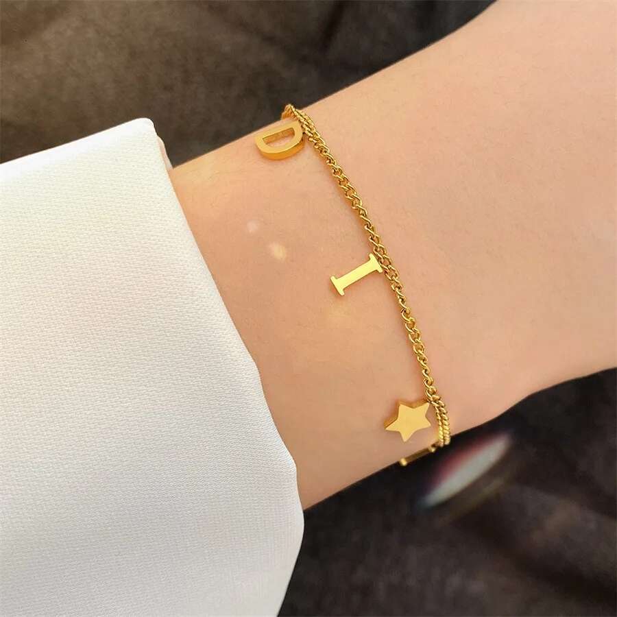 Korea New Fashion Letter Star Pendant Woman Simple Vintage Stainless Steel Bracelet Jewelry Accessories Gifts