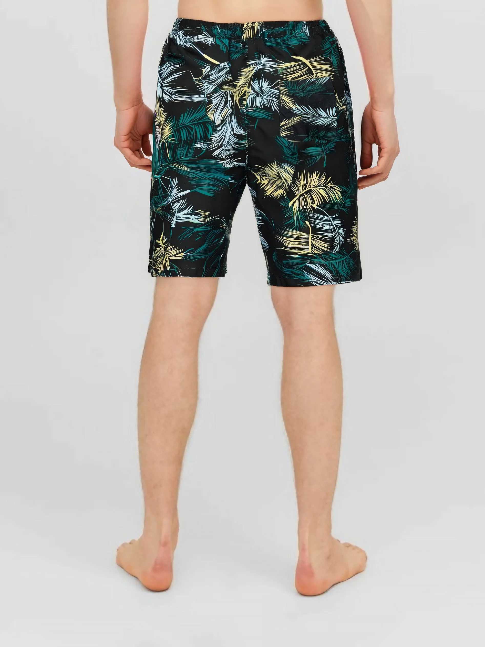 2025 Mens New Cotton Beach Casual Pants Leaf Pattern Printed Black Comfortable Casual Sexy Quick Dry Sports hurey boardshortsT250304