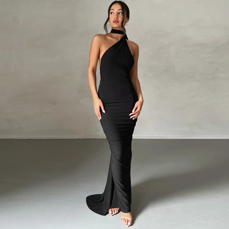One Shoulder Backless Adjustable Scarf Loop Ruched Sexy Maxi Dress Women Elegant Y2K Streetwear Festival Outfit 250303 C260312