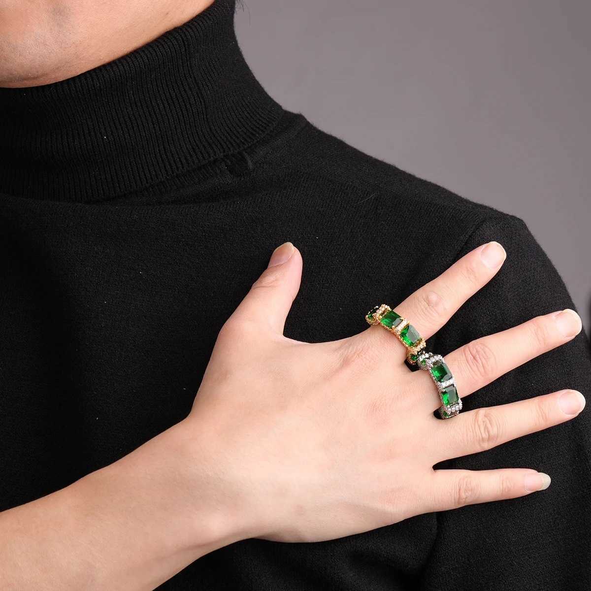Couple Rings Wind hip-hop green ring with micro inlaid zircon real gold electroplating fashionable and personalized trendsetter ring H25303