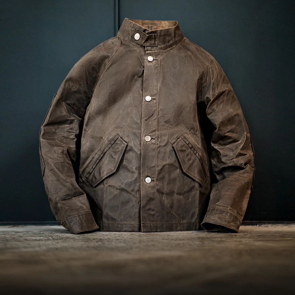 Maden Vintage Stand Collar Oil Waxed Jacket Version for Mens Waterproof Canvas Solid Color Classic Hunting Coat for Autumn 250303